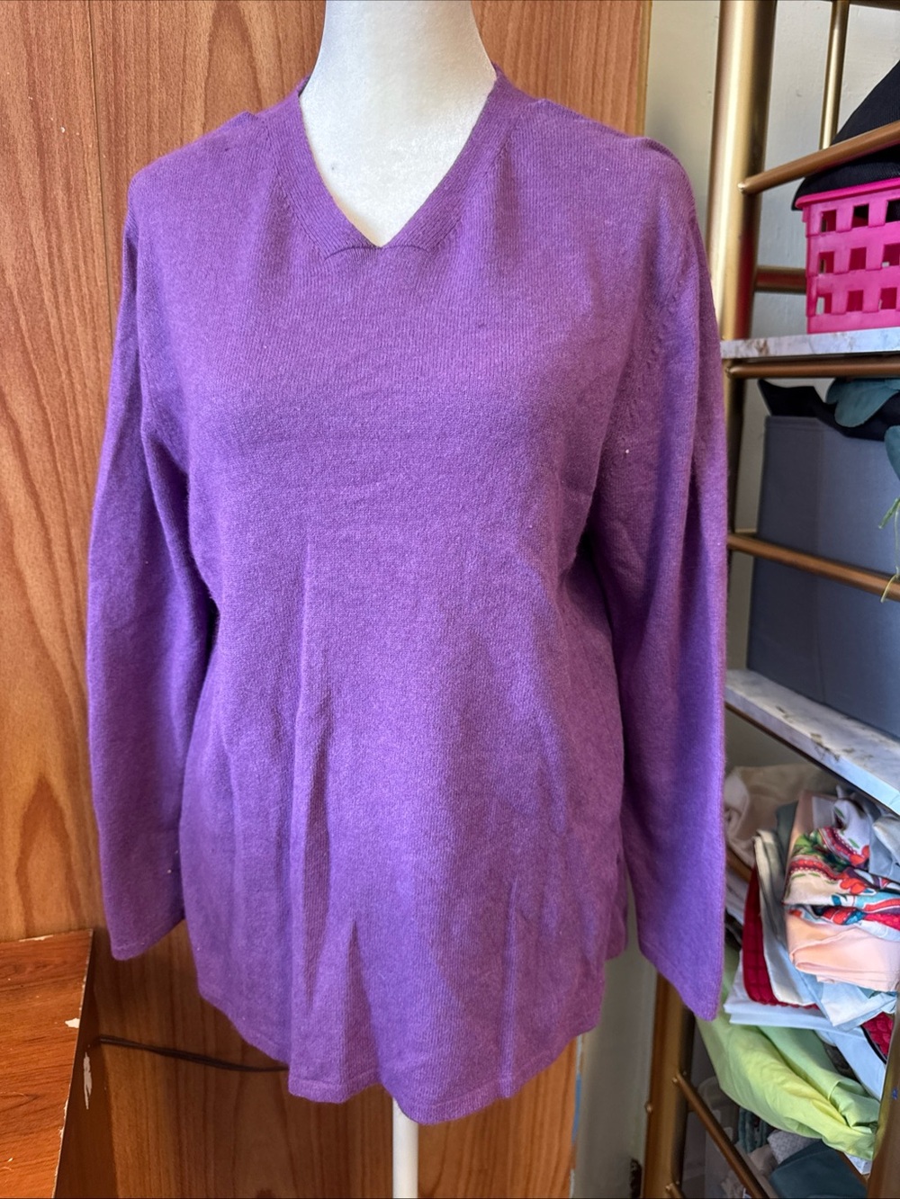 Jessica Holbrook Purple V Neck Sweater Long Sleeve Angora Silk Cashmere Blend